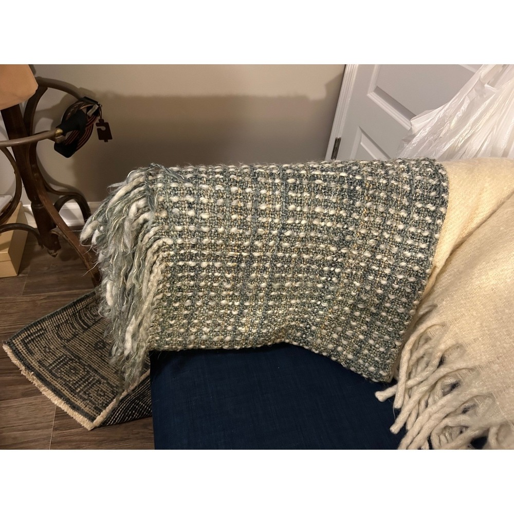 Kennebunk Weavers Woven Throw Blanket Sage Green Blue Cream Fringe Made in USA